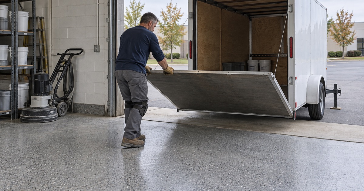 A work trailer’s ramp door lowered outside a flooring contractor’s shop in a New Berlin business park.