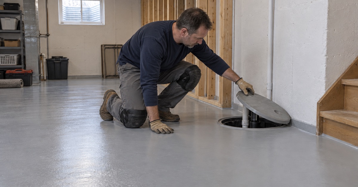 A new basement floor coating turned down cleanly to the rim of the sump basin in a New Berlin home, the lid tipped up to show it.