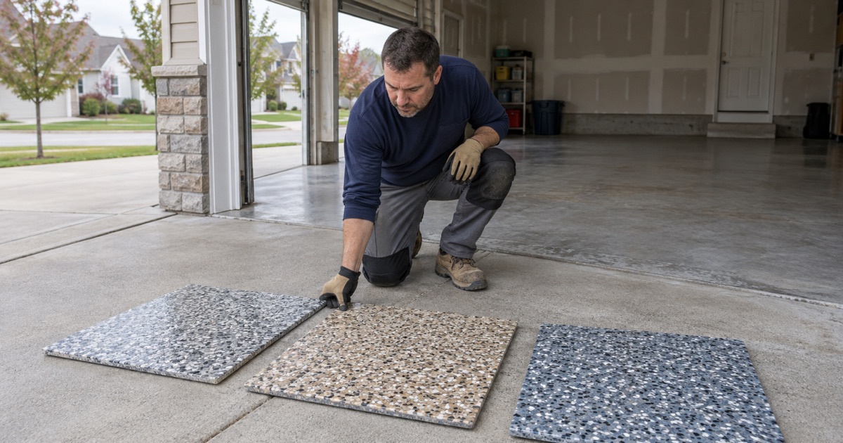 Three coated flake sample boards laid side by side on a New Berlin driveway to compare blends in daylight before the garage floor is coated.
