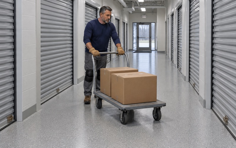 A flatbed cart pushed down the quartz-textured corridor of a climate-controlled self-storage building in New Berlin.
