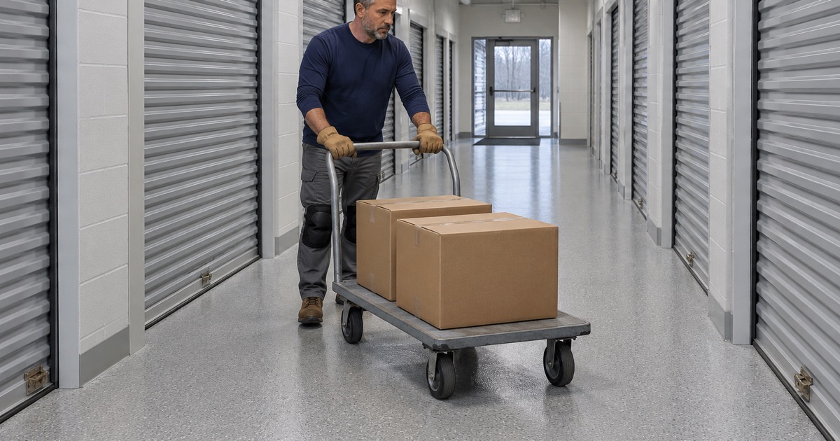 A flatbed cart pushed down the quartz-textured corridor of a climate-controlled self-storage building in New Berlin.