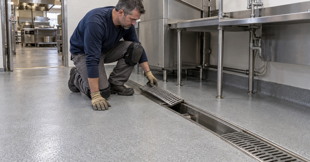 A trench drain grate lifted from the seamless urethane cement floor of a New Berlin restaurant’s dish room.
