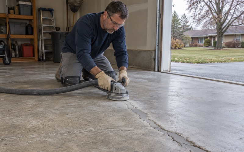 A chased crack filled with repair mortar and ground flush on a New Berlin garage slab, ready for coating.