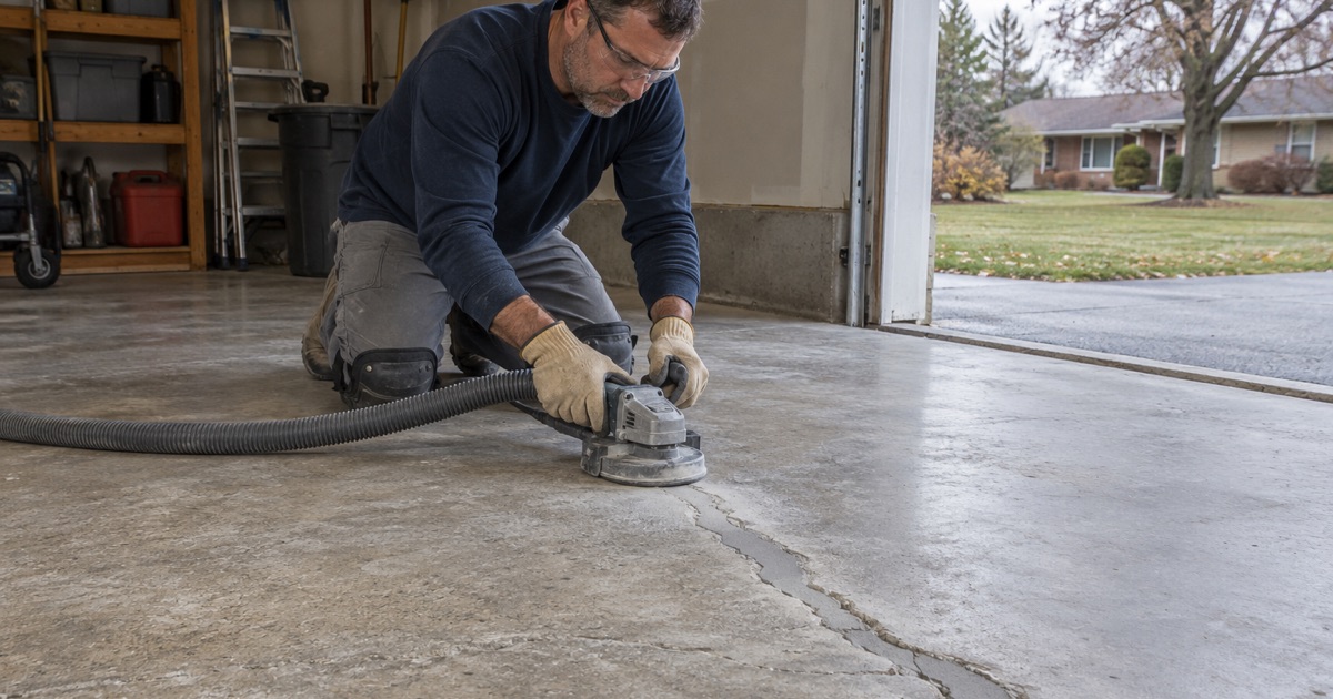 A chased crack filled with repair mortar and ground flush on a New Berlin garage slab, ready for coating.