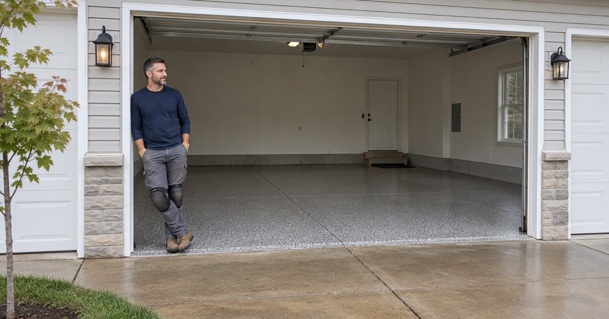 A finished gray and white flake floor in the attached three-car garage of a New Berlin two-story, its installer leaning on the wall between the doors.