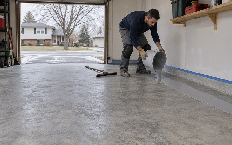 Fresh gray base coat poured in a ribbon across a ground garage slab in a New Berlin split-level, ready to be spread.