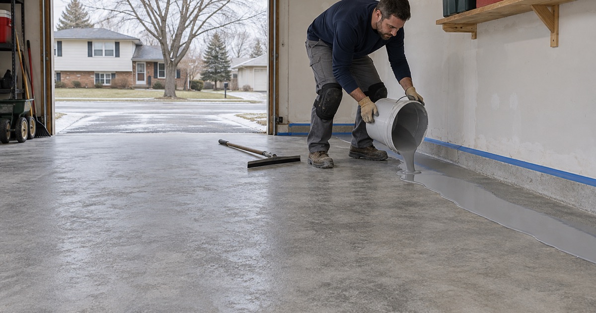 Fresh gray base coat poured in a ribbon across a ground garage slab in a New Berlin split-level, ready to be spread.