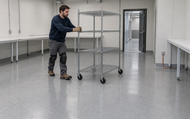 A parts rack rolled across a finished static-dissipative floor in an electronics assembly room in New Berlin.