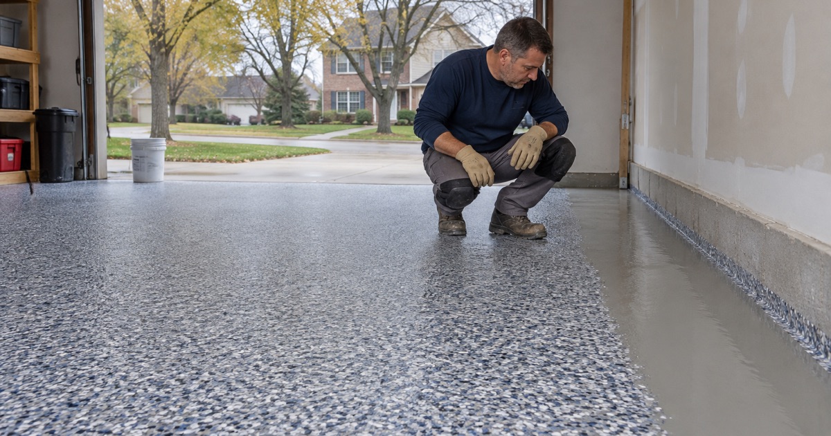 Dense vinyl flake settled into the base coat of a New Berlin garage floor, the installer checking the last strip of coverage.