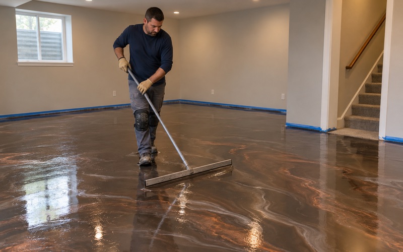 Metallic epoxy spread across a finished basement in New Berlin, silver and copper veins moving behind the squeegee.