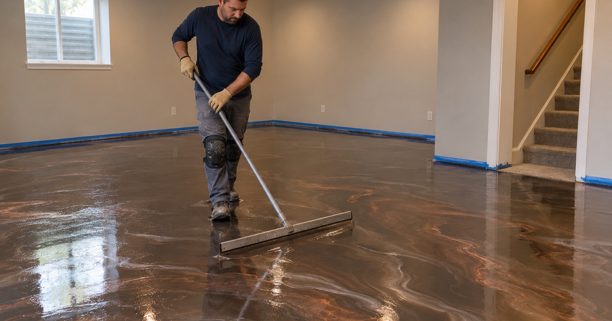 Metallic epoxy spread across a finished basement in New Berlin, silver and copper veins moving behind the squeegee.