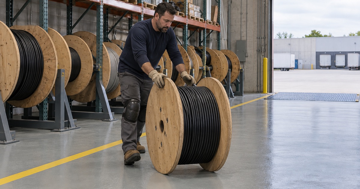 A cable reel rolled along a striped lane on the coated warehouse floor of an electrical contractor in a New Berlin business park.
