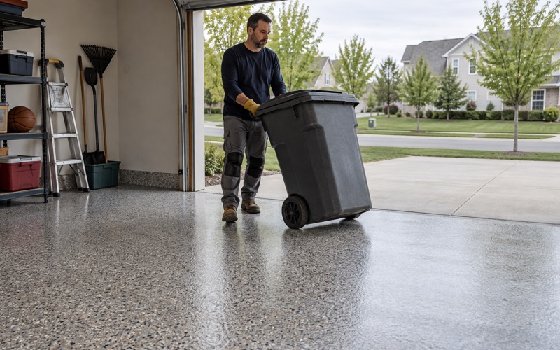 A trash cart wheeled back into a New Berlin garage the same afternoon its polyaspartic flake floor was laid.