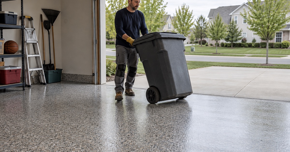 A trash cart wheeled back into a New Berlin garage the same afternoon its polyaspartic flake floor was laid.