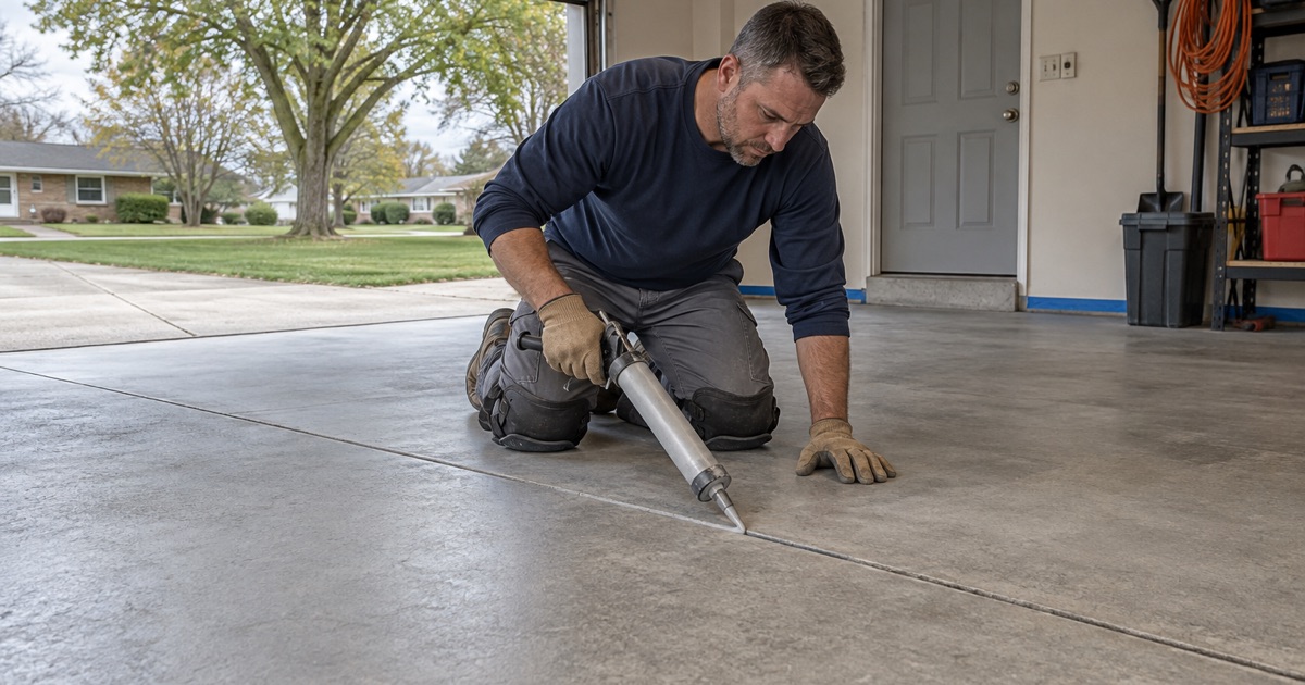 A saw-cut control joint being filled flush across a freshly ground garage slab in a New Berlin ranch house, before the first coat.